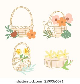 Colorful decorated Basket, and Easter eggs with floral, geometric, leaves, patterns. Flat vector illustration style. Easter celebration holiday concept