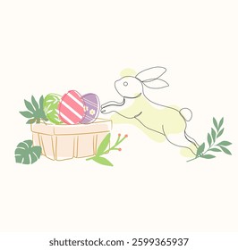 Colorful decorated Bunnies, Basket, and Easter eggs with floral, geometric, leaves, patterns. Flat vector illustration style. Easter celebration holiday concept