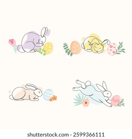 Colorful decorated Bunnies and Easter eggs with floral, geometric, leaves, patterns. Flat vector illustration style. Easter celebration holiday concept