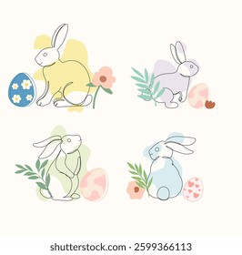 Colorful decorated Bunnies and Easter eggs with floral, geometric, leaves, patterns. Flat vector illustration style. Easter celebration holiday concept