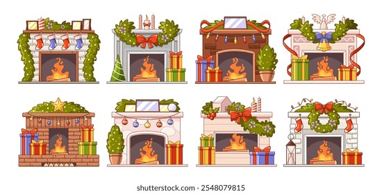 Colorful decorated Christmas fireplace prepared for celebration winter holidays isolated set
