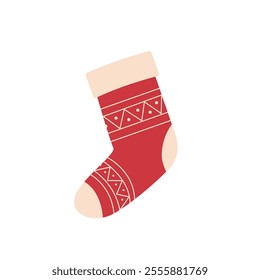 Colorful decorated Christmas sock isolated on white background. Christmas stocking icon. Vector illustration cartoon flat style.