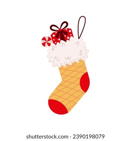 Colorful decorated Christmas socks, Christmas stockings, and sock-shaped bags for winter holiday design. Happy New Year