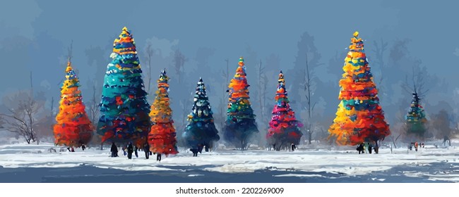 colorful decorated christmas trees in winter landscape