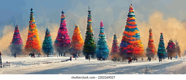 colorful decorated christmas trees in winter landscape