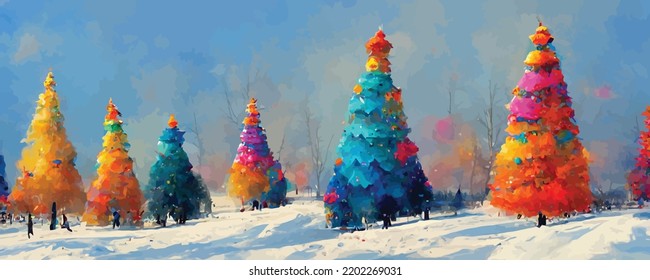 colorful decorated christmas trees in winter landscape