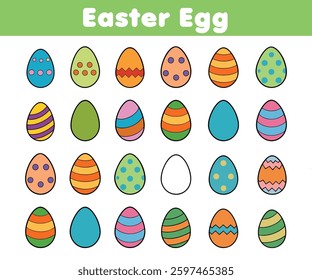 Colorful decorated Easter eggs arranged in a grid pattern on a white background, festive holiday illustration with various patterns and vibrant colors	
