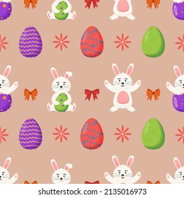 Colorful decorated Easter eggs with easter bunny seamless pattern. Spring holiday. Happy easter eggs. Seasonal celebration.