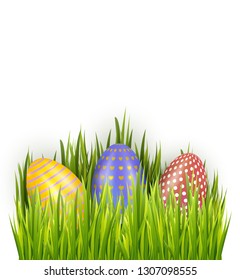 Colorful decorated Easter eggs in fresh green grass isolated on white background. Horizontal holiday banner decorations. Vector illustration