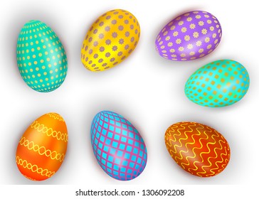 Colorful decorated easter eggs on white background. Holiday Vector illustration for greeting card, banner, promotion, poster or flyer. Top view 