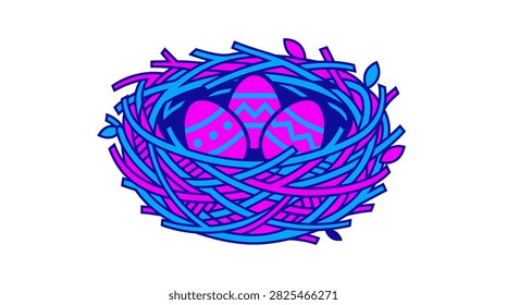 Colorful decorated Easter eggs placed inside a bird nest isolated on white background