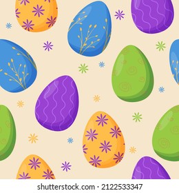 Colorful decorated Easter eggs seamless pattern. Spring holiday. Happy easter eggs. Seasonal celebration.
