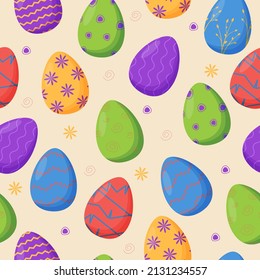 Colorful decorated Easter eggs seamless pattern. Spring holiday. Happy easter eggs. Seasonal celebration.