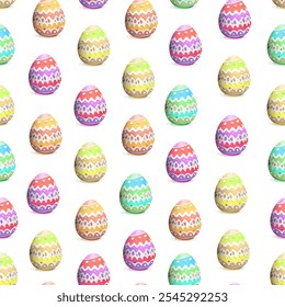 Colorful decorated Easter eggs in various patterns on a bright white background. Colorful Easter Eggs with Decorative Patterns on White Background