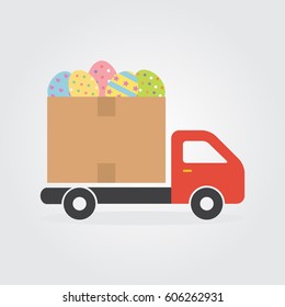 Colorful Decorated Easter Eggs vector illustration flat design for Easter day. Delivery truck design concept for Transportation, Logistics, tranfer Service.