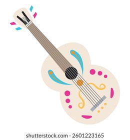 Colorful decorated guitar with musical festive details. Vector