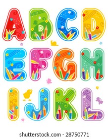 Colorful decorated spring or summer vector alphabet set letters A - L ( for high res JPEG or TIFF see image 28750774 )
