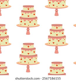 Colorful decorated wedding cake pattern with hearts on a white background for event design