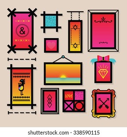 Colorful decoration symbols and frames icons set on beige background