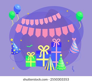 Colorful decorations for birthday party vector illustration. Carnival paper caps, gifts, balloons, flag streamers and confetti on white background. Celebration, birthday, anniversary concept
