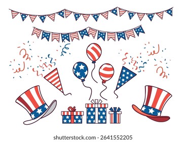 Colorful decorations featuring balloons, hats, gifts, and banners in red, white, and blue for a festive patriotic celebration event.