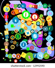 colorful decorative background with alphabet letters and abstract shapes