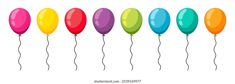 Colorful decorative balloons for Celebratory Events and Festivities. Balloon color pink, red, orange, yellow, green, blue, purple, turquiose in cartoon style. Bunch of balloons for birthday party.