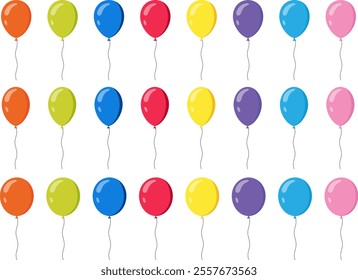 Colorful decorative balloons for Celebratory Events and Festivities. Balloon in cartoon style. Flying party helium Ballon with rope. Bunch of balloons for birthday and party. Vector Illustration EPS10