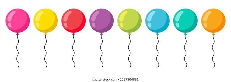 Colorful decorative balloons circle for Celebratory Events Festivities. Balloon color pink, red, orange, yellow, green, blue, purple, turquiose in cartoon style. Bunch of balloons for birthday party.