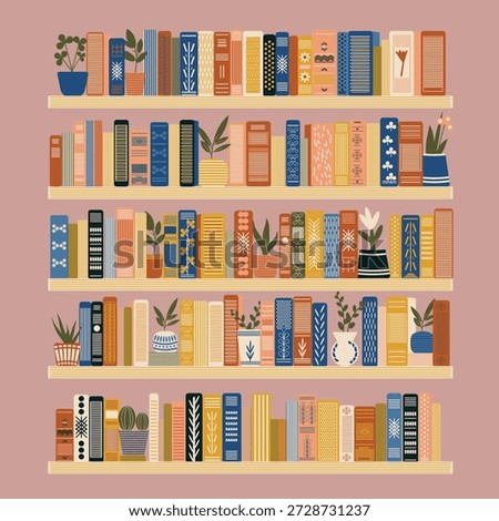 Colorful decorative bookshelf illustration with modern books and indoor plants. Hand-drawn flat vector style bookcase with patterned book spines and potted houseplants on shelves. Cozy home library interior design concept, perfect for education, reading, literature, home decor, wall art, stationery, and creative backgrounds.