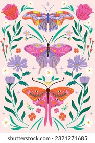 Colorful decorative butterfly illustration featuring leaves, flowers in pink and purple colors. Mystical artwork perfect for posters, book cover, postcards, banners, t-shirt print etc. 