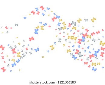 Colorful decorative butterfly silhouette kite backdrop on white. Season butterfly hover theme vector in gold, silver, blue and red colors. Repeating insect soar artwork for wallpaper.