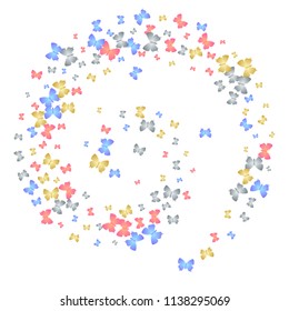 Colorful decorative butterfly silhouette kite backdrop on white. Spring butterfly hover theme vector in gold, silver, blue and red colors. Repeating insect soar clipart for ceramic tile.