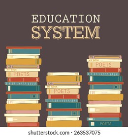 Colorful decorative card with books. Card has space for text "EDUCATION SYSTEM". Vector eps 10. Hand drawing style.