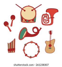 Colorful decorative card with  musical instruments. Hand draw style. Vector eps 10