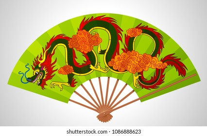 Colorful decorative Chinese open fan with flying dragon and clouds isolated on white. Vector illustration