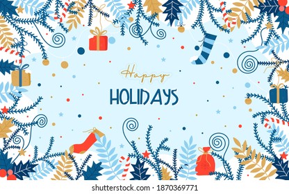 Colorful decorative Christmas background with many festive elements, twigs, gifts and the inscription Happy Holidays.Cozy flat cartoon holiday illustration. Happy New Year And Merry Christmas postcard