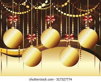 Colorful decorative Christmas golden balls, holiday ornaments.