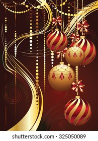 Colorful decorative Christmas golden balls, holiday ornaments.