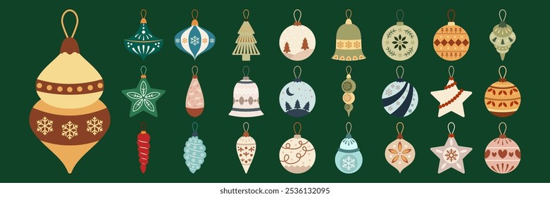 Colorful and decorative Christmas ornaments featuring various holiday themed Flat designs Set. New Year Holiday Toys Illustration