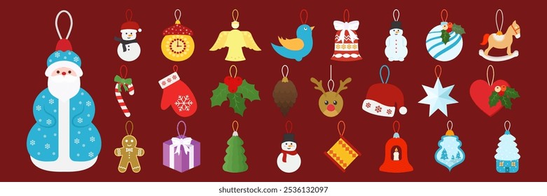 Colorful and decorative Christmas ornaments featuring various holiday themed Flat designs Set. New Year Holiday Toys Illustration