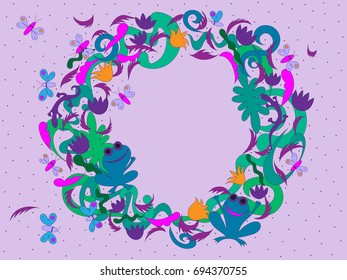 Colorful decorative circle of leaves, frogs, butterflies, lizards