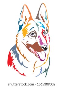 Colorful decorative contour outline portrait of Dog German Shepherd looking in profile, vector illustration in different colors isolated on white background. Image for design and tattoo. 