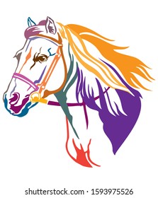 Colorful decorative contour portrait of running horse in bridle and long mane, looking  in profile. Vector colorful illustration isolated on white background. Image for logo, design and tattoo. 
