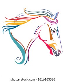 Colorful decorative contour portrait of running horse with long mane, looking  in profile. Vector illustration in different colors isolated on white background. Image for logo, design and tattoo. 