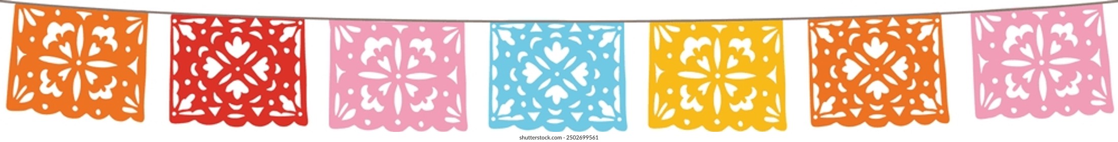 Guirnalda recortada decorativa colorida. Día de los Muertos, Día Mexicano de los Muertos. Banderas de empaste de papel festivo de Halloween, papel picado. Elemento gráfico dibujado a mano de Vector aislado. Decoración de fiesta de cumpleaños