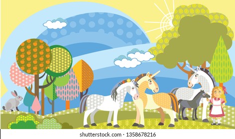 Colorful decorative cute unicornes, rabbit and girl in meadow with trees. Vector cartoon flat illustration in different colors.