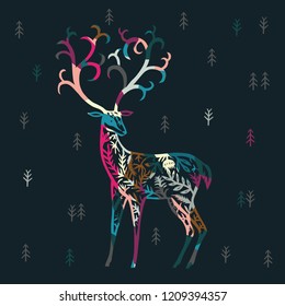 Colorful Decorative  Deer in the Forest. Print Design.