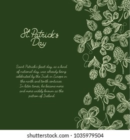 Colorful decorative design sketch postcard hand drawn with lettering about st. patricks day on the right with hop twigs, clover and berries vector illustration