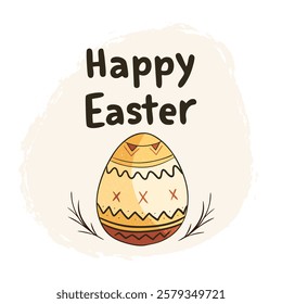 Colorful decorative Easter egg and Happy Easter text. For holiday greetings, celebration designs, and seasonal messages.